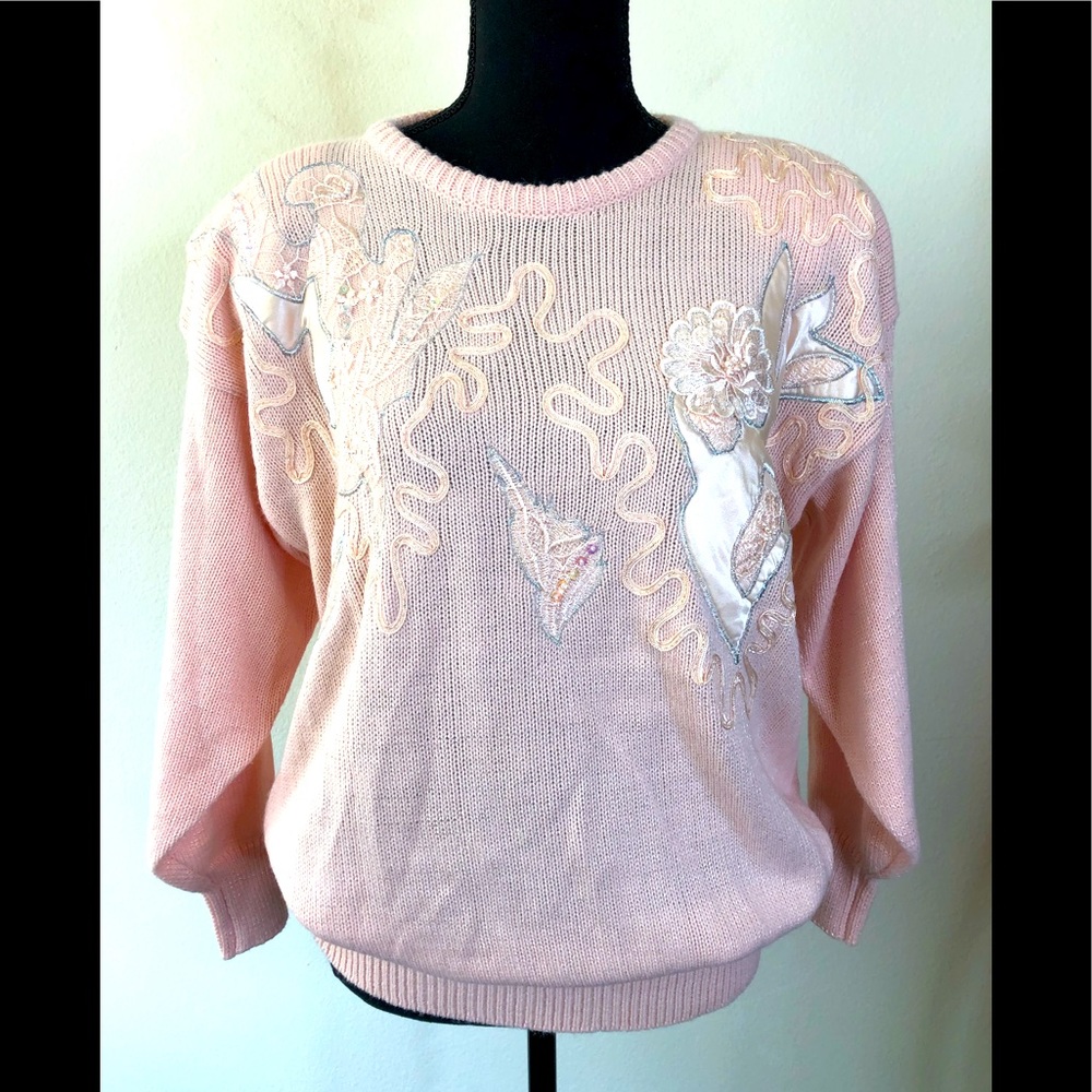 Vintage '80s Jaclyn Smith Embellished Pink Sweater Abstract Floral Design Large